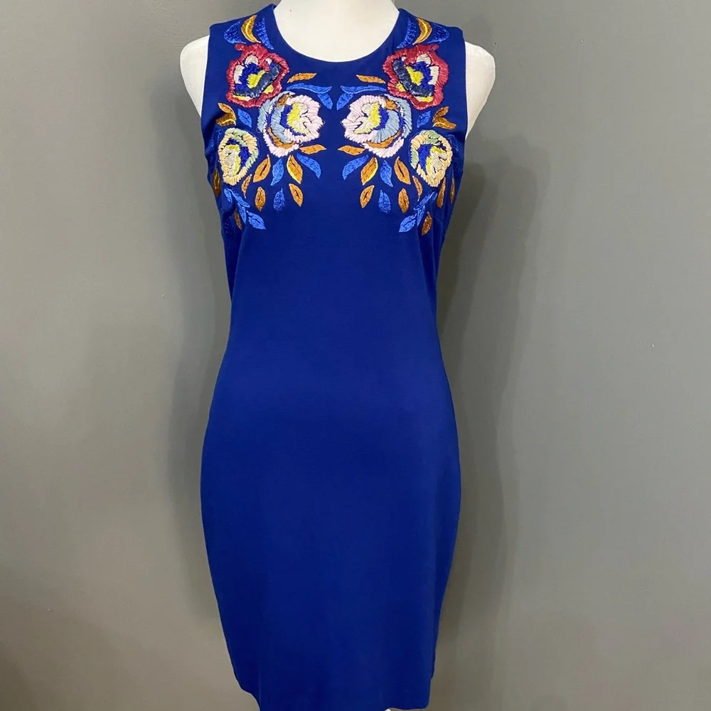 CYNTHIA STEFFE-Womens Blue Sheath Cocktail Dress 4 Floral Embellished Sleeveless - Picture 1 of 15